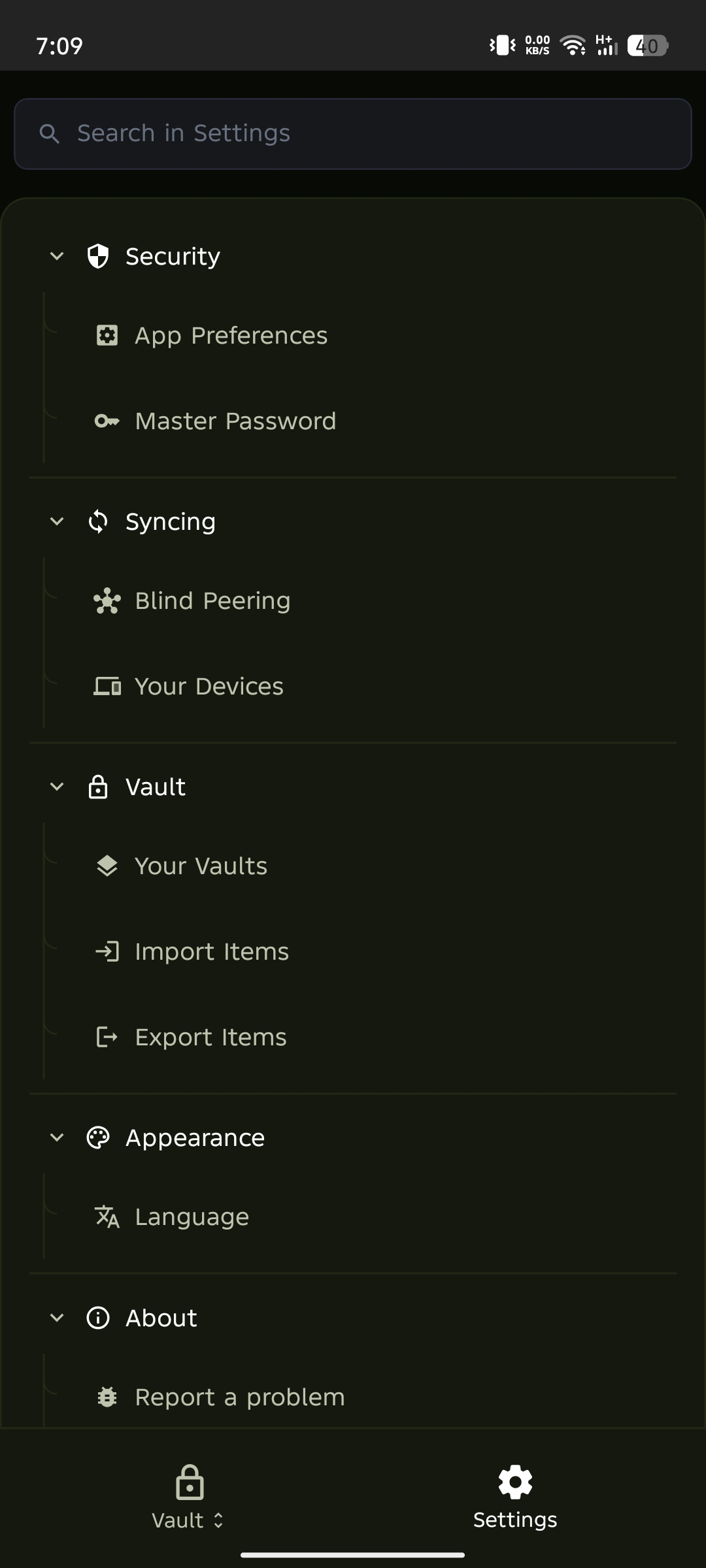 Settings menu